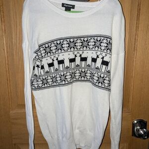 Repartee White and Black Reindeer With Snowflakes Sweater